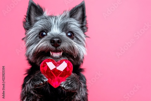 Cute cairn terrier canine with diamond red heart - emblem of love, funny greeting card. Cairn terrier - my preferred dog. Promotion conceptual art. Valentine's day. February 14 dog themes. photo