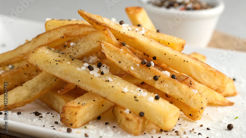 Golden French Fries with Crisp Edges and Seasoning, Perfectly Stacked