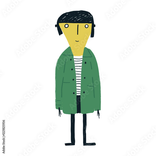 Person with green jacket standing cartoon simple quirky vector