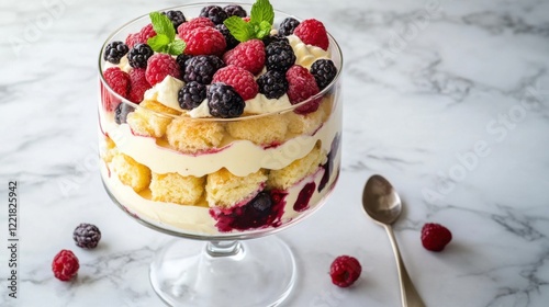 A beautifully layered trifle with sponge cake, layers of fresh berries, and creamy custard