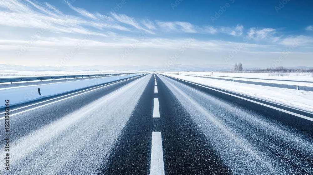 Fototapeta premium Isolated stretch of highway through a snowy winter landscape, pale sky overhead, and a serene atmosphere, perfect for text