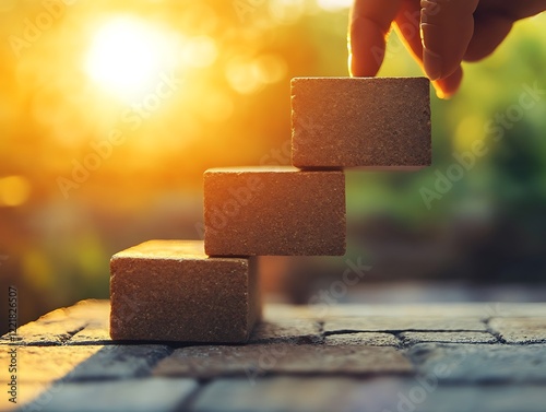 A hand carefully places a block symbolizing progress and growth in a sunlit environment. photo