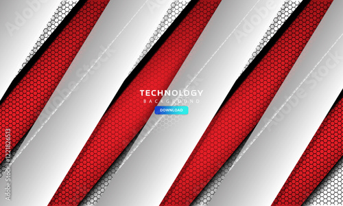 Futuristic abstract technology background with diagonal red and white lines on a hexagonal pattern.