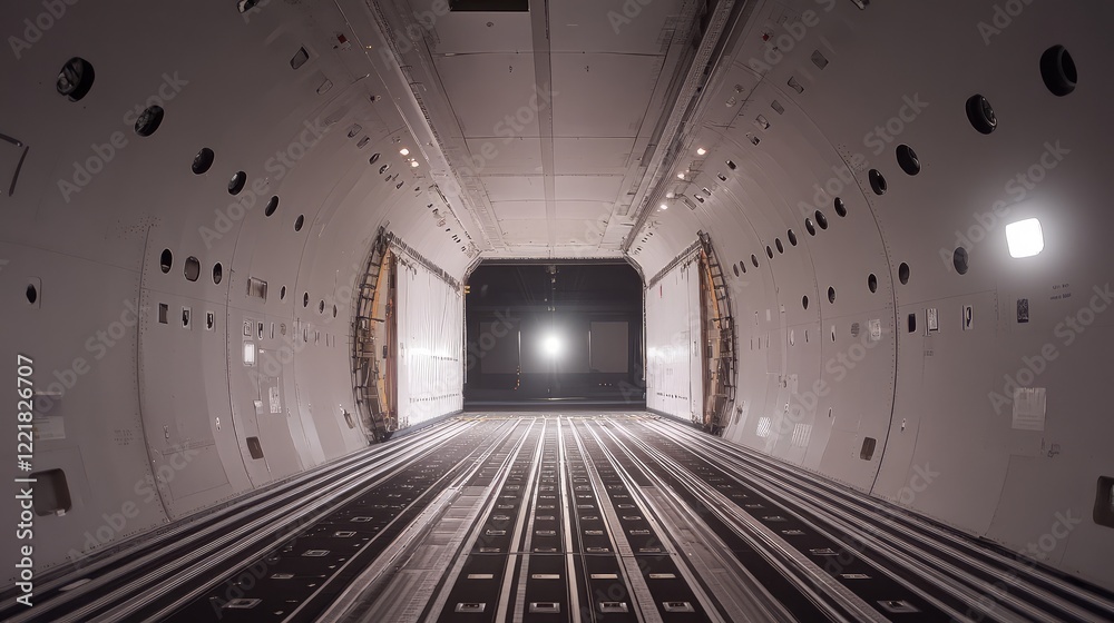 Obraz premium Minimalist shot of an empty airport cargo area with clean lines, bright natural lighting, and wide-angle perspective