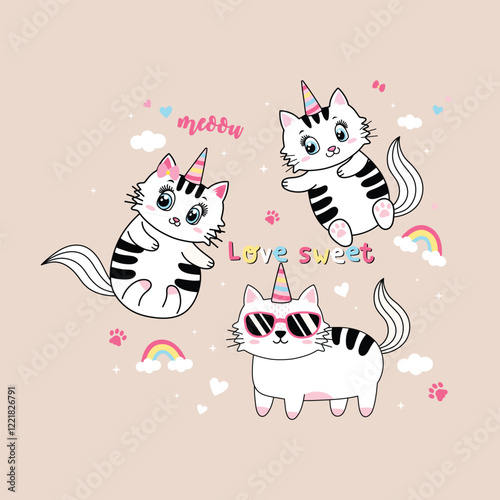 cute unicorn cat vector illustration with beautiful cloud and rainbow decoration