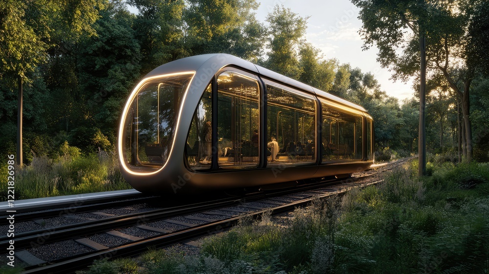 Fototapeta premium Modern electric train passing a rural station, sleek futuristic design and surrounding natural beauty