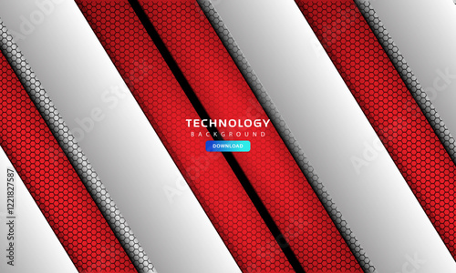 Futuristic abstract technology background with diagonal red and white lines on a hexagonal pattern.
