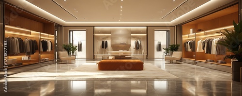 A modern boutique showcasing elegant clothing and stylish decor in a luxurious setting.