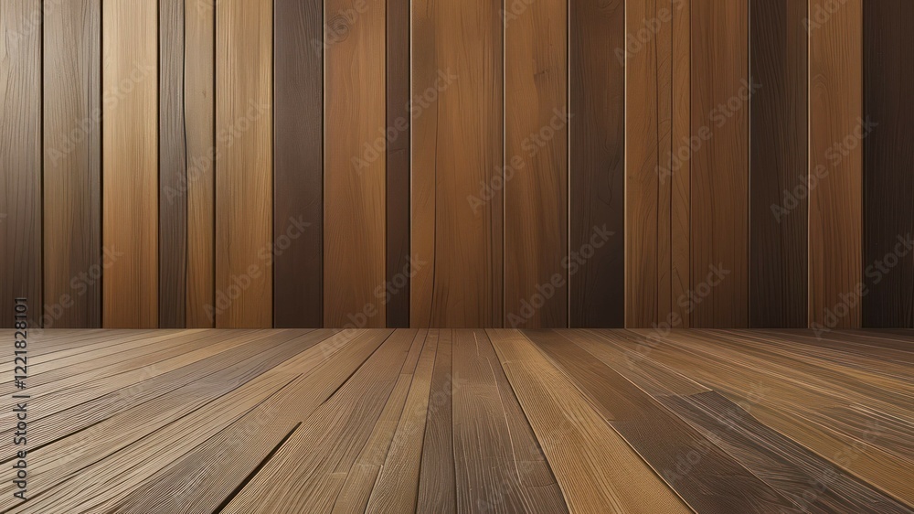 Naklejka premium Warm wooden wall and floor create an inviting space, perfect for interior design and decoration projects