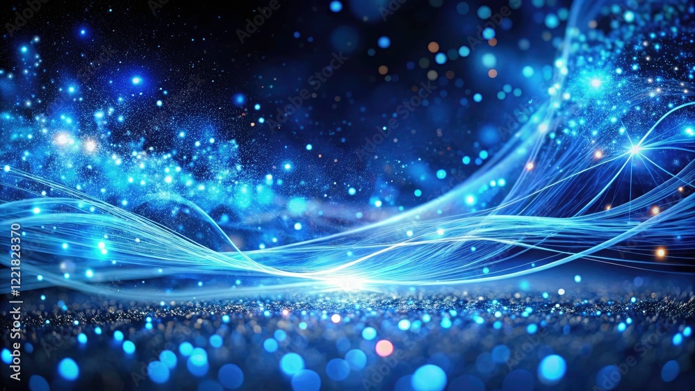 Obraz premium Abstract Blue String Light Particles: Low Light Photography, Glowing Blue Strings, Ethereal Blue, Dark Blue Background, Mystical Blue, Night Photography, Blue Energy