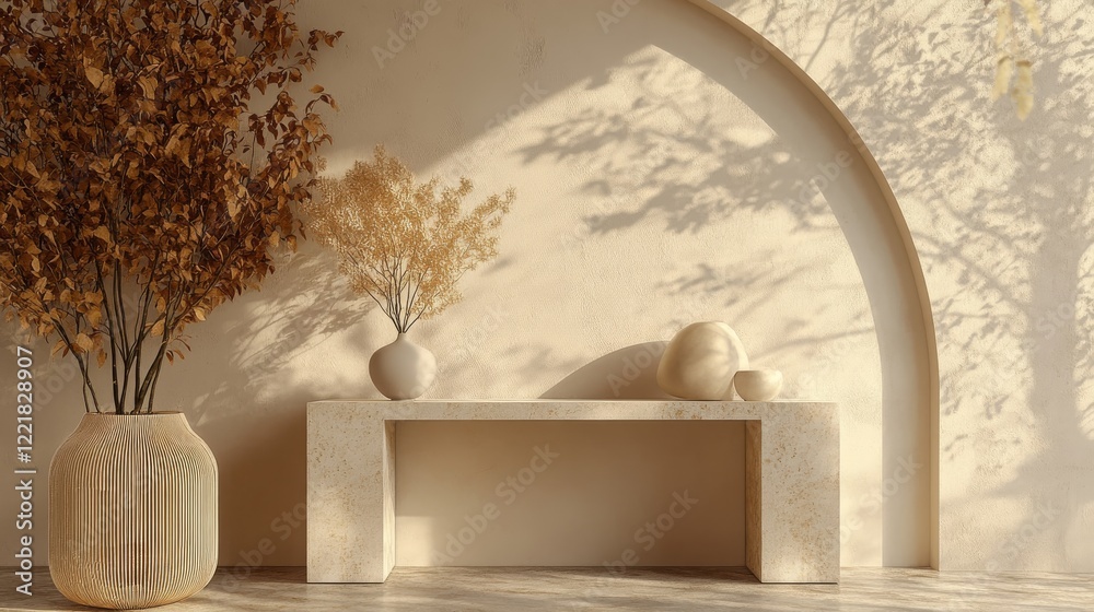 Obraz premium 55.Illustration of 3D render minimal design wall mockup beige color with console table and podium product:
