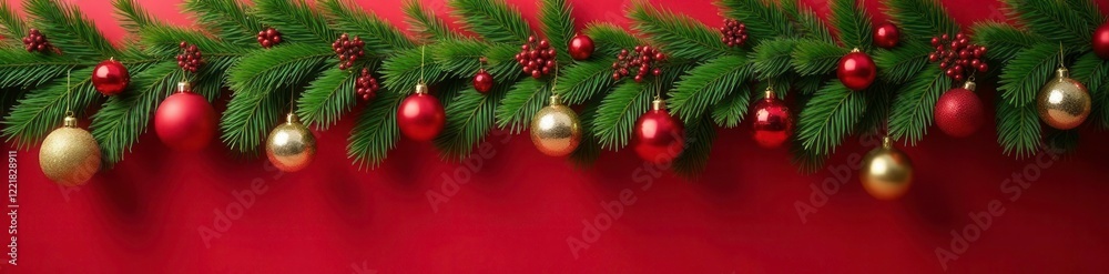 Red and green garland with pine branches and ornaments hanging from the garland, Christmas decoration, pine wreaths, holiday Red and green garland with pine branches and ornaments hanging from the garland, Christmas decoration, pine wreaths, holiday