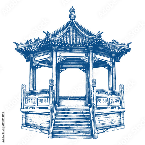 Hand drawn a pavilion architecture illustration blue vector