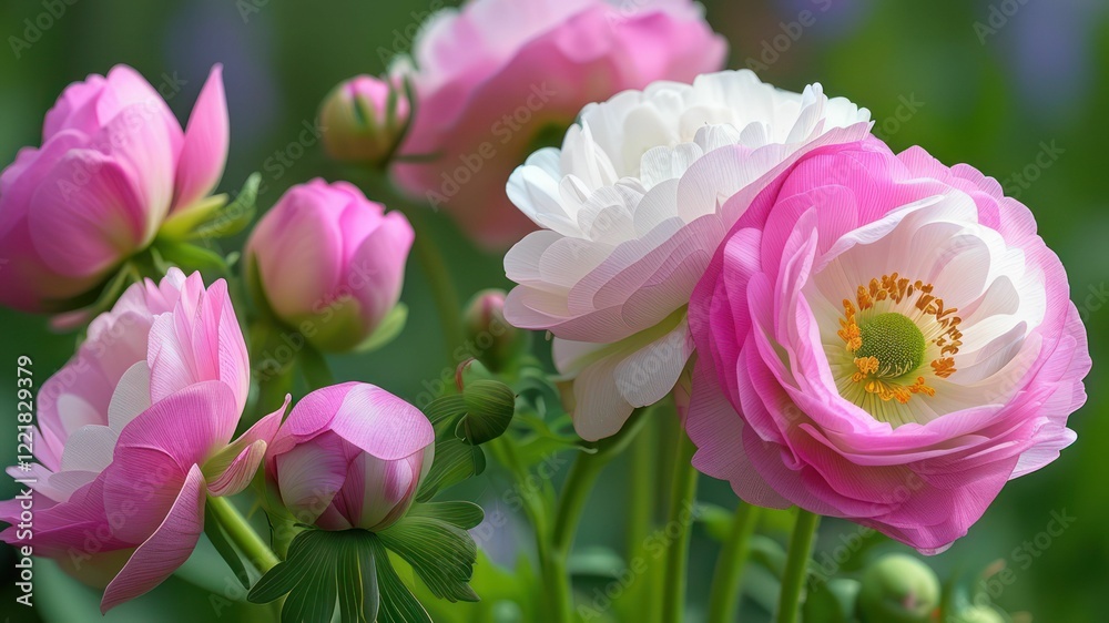 Fototapeta premium Vibrant pink and white flowers in a garden setting, symbolizing beauty and freshness