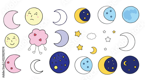 Celestial Moons Sticker Pack with Stars and Night Sky Elements