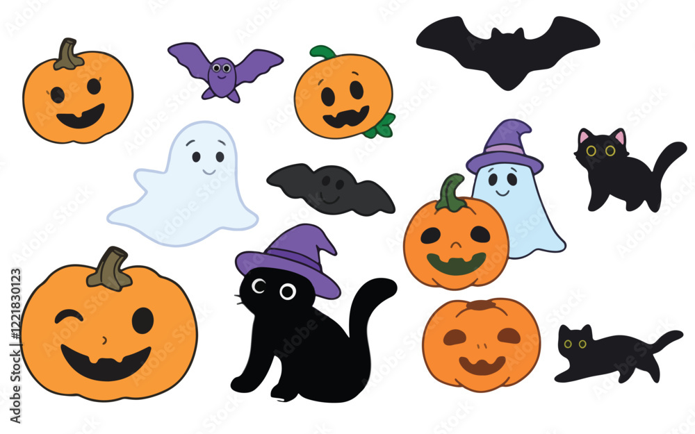 Obraz premium A spooky Halloween sticker pack featuring pumpkins, bats, and ghosts, ideal for decorating planners and scrapbooks.