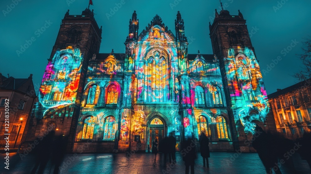 Illuminated Gothic architecture at night, vibrant light projections on building facade, people watching.