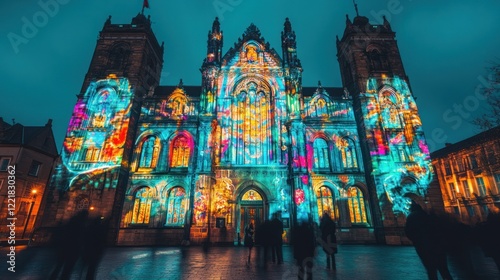 Obraz na płótnie Illuminated Gothic architecture at night, vibrant light projections on building facade, people watching. w salonie