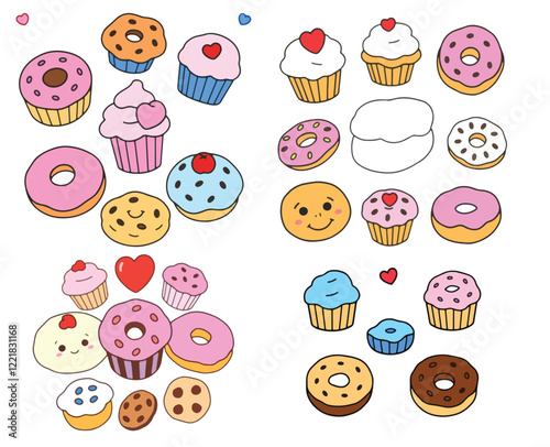 A sweet treats sticker pack featuring cupcakes, donuts, and cookies in a cute, cartoon style.