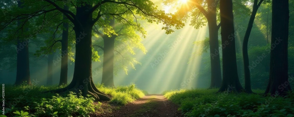 Fototapeta premium Misty forest with tall trees and dappled sunlight filtering through leaves, nature, sunlight