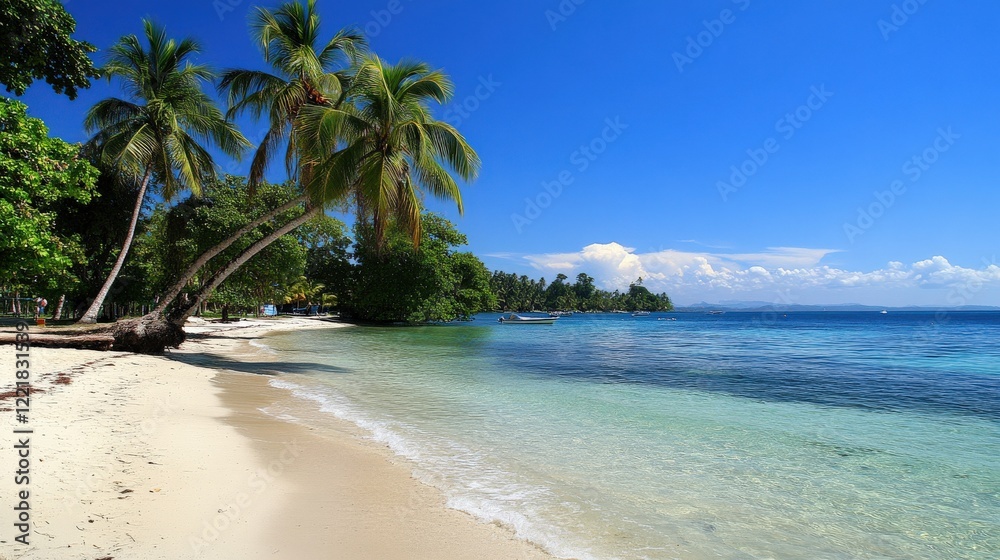 Tropical Beach with Palm Trees and Clear Blue Water under Sun Tropical Beach with Palm Trees and Clear Blue Water under Sun