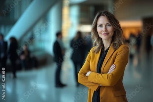 Portrait of successful business woman inside office, standing with arms crossed. businesswoman, business, portrait, happy, mature, owner, boss, arms crossed, executive, professional, success, manager