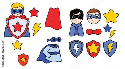 A whimsical set of minimalist superhero illustrations (cape, mask, shield, star, lightning bolt) in bold colors. Isolated on a white background.