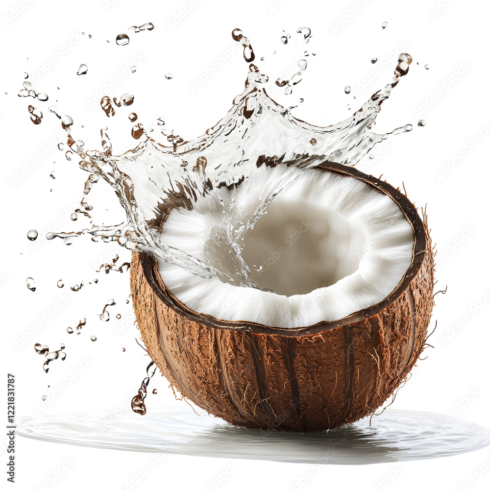 Coconut Half with Water Splash and Fresh White Flesh Coconut Half with Water Splash and Fresh White Flesh