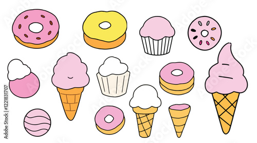 A whimsical set of minimalist sweet treat illustrations (cupcake, donut, macaroon, ice cream cone, candy) in pastel colors. Isolated on a white background.