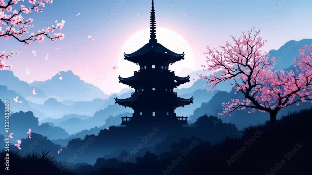 Serenity of Nature with Cherry Blossoms and Traditional Pagoda Silhouette Against the Moonlight Serenity of Nature with Cherry Blossoms and Traditional Pagoda Silhouette Against the Moonlight