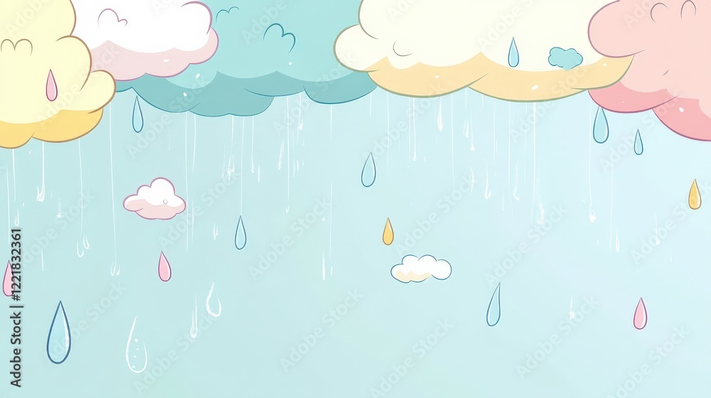Colorful Cartoon Clouds with Raindrops on a Light Blue Background Colorful Cartoon Clouds with Raindrops on a Light Blue Background