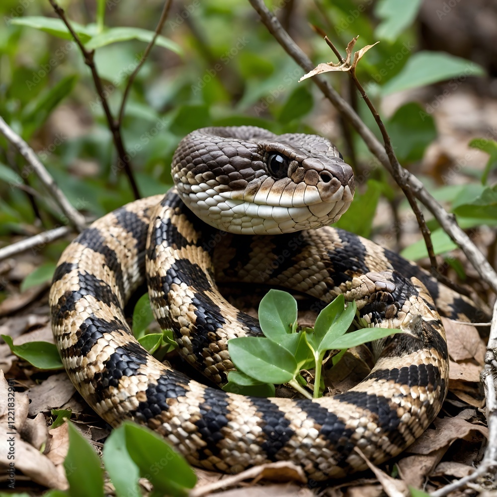 Coiled Eastern Diamondback Rattlesnake Lying in Ambush Among Leaves and Branches Coiled Eastern Diamondback Rattlesnake Lying in Ambush Among Leaves and Branches