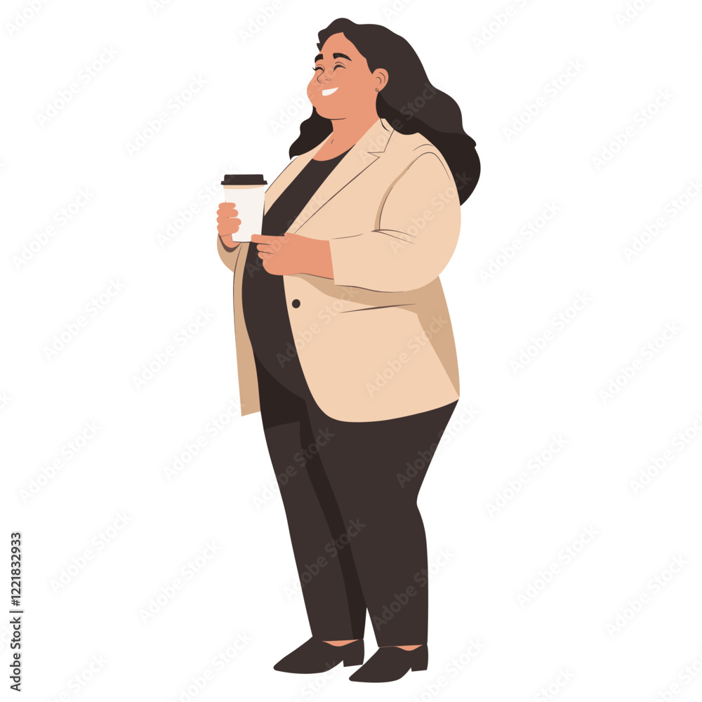 Plus size woman holding coffee cup illustration smiling female vector Plus size woman holding coffee cup illustration smiling female vector