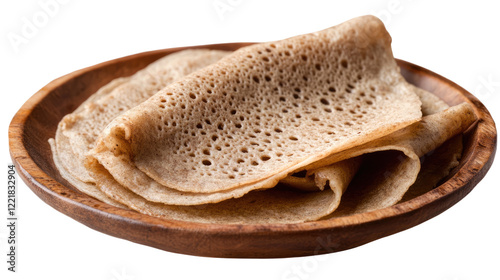 Injera Flatbread: A close-up view of thin, spongy Injera flatbread, a staple of Ethiopian cuisine, neatly stacked on a rustic wooden plate. The soft texture and delicate air pockets are visible.