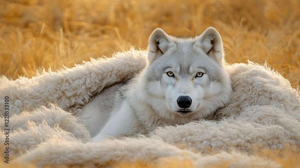 Fototapeta premium Majestic arctic wolf rests peacefully in warm golden wheat field light. AI Generated