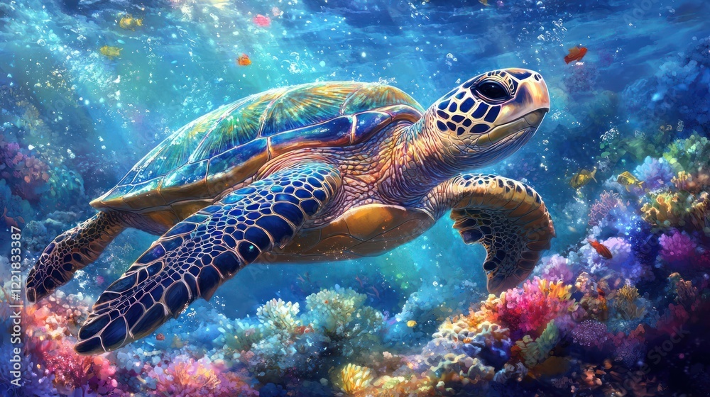 Fototapeta premium Vibrant sea turtle swimming amidst colorful coral reef.