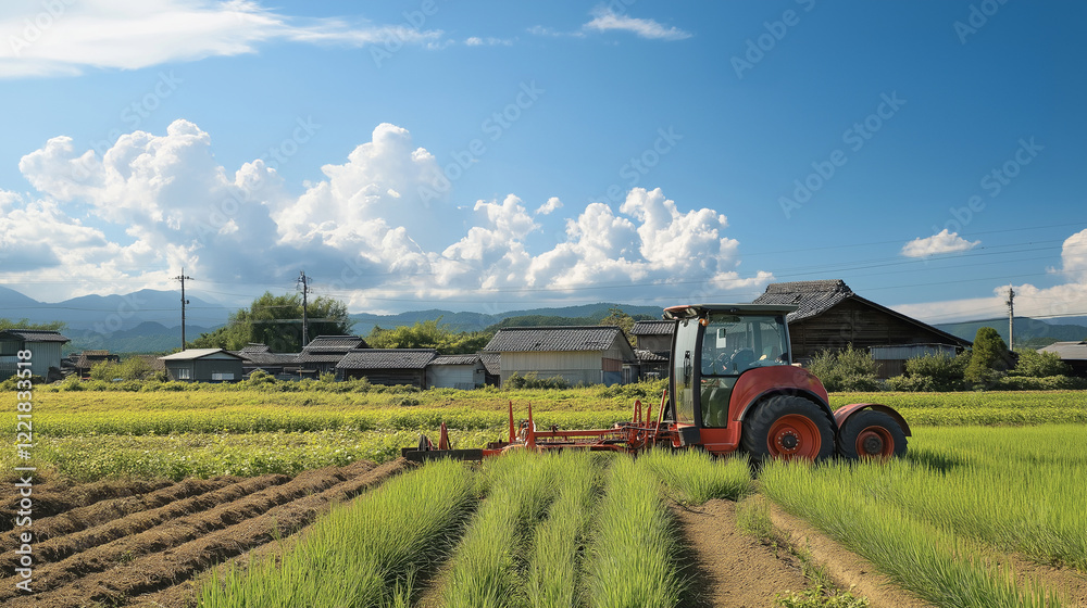 Illustration of a tractor used for agriculture, plowing a field, a farm in a rural village Illustration of a tractor used for agriculture, plowing a field, a farm in a rural village
