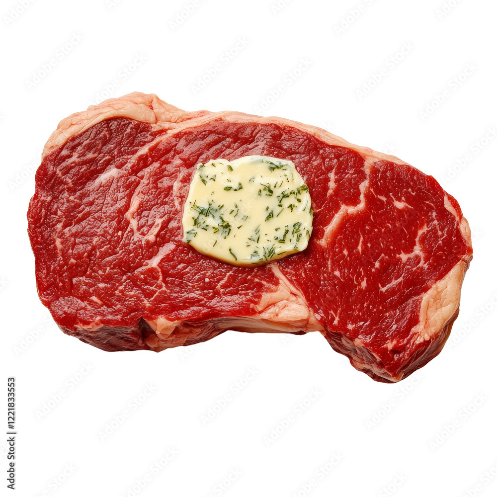 Fototapeta premium Juicy ribeye steak with herb butter on top, perfect for grilling or cooking. This delicious cut of meat is ideal for steak lovers and gourmet meals