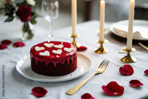 A delicious Valentine day romantic love cake decorated with hearts