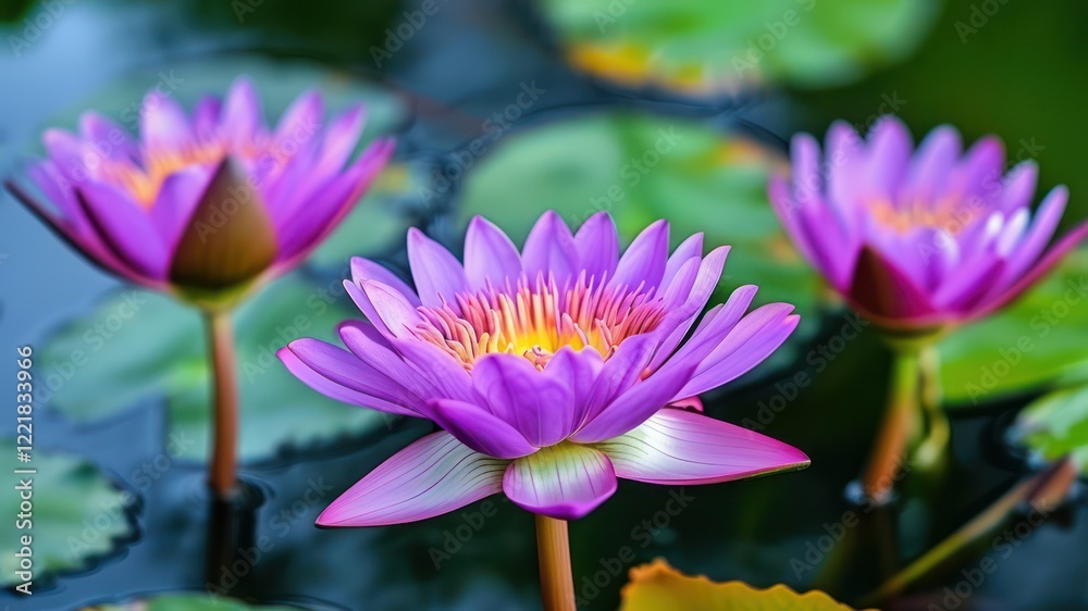 Vibrant purple lotus flowers blooming in tranquil pond setting, evoking peace and natural beauty
