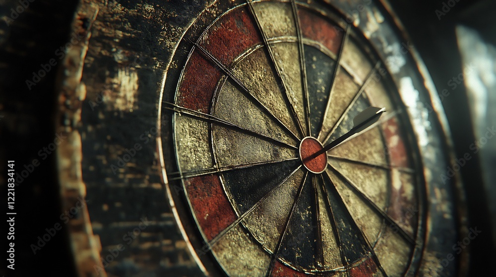 Aged Dartboard Dramatic Closeup Deep Shadows. AI Generated Aged Dartboard Dramatic Closeup Deep Shadows. AI Generated