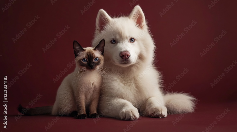 Fluffy white dog gently rests beside a small tan kitten against a rich burgundy background.. AI Generated Fluffy white dog gently rests beside a small tan kitten against a rich burgundy background.. AI Generated