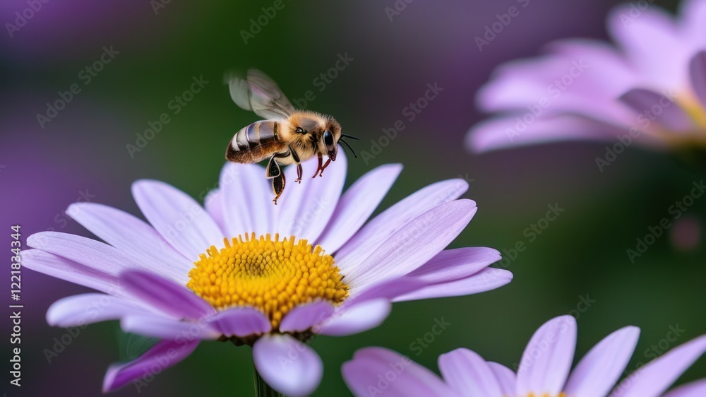 Bee hovering over purple daisy, showcasing nature's delicate balance of pollination and vibrant floral beauty