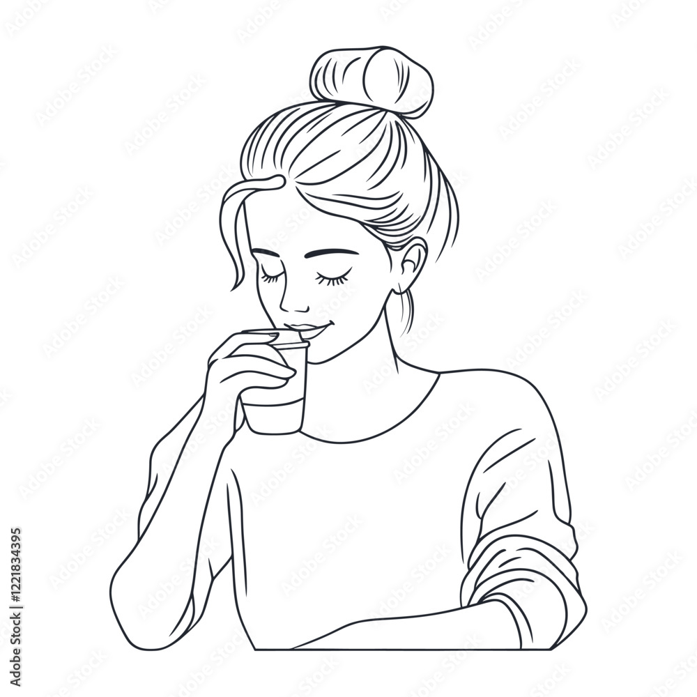 Woman drink coffee art simple line vector Woman drink coffee art simple line vector