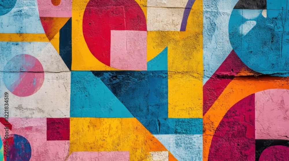 Vibrant geometric abstract mural painted on a textured concrete wall.