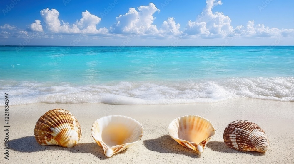Scenic Beach with Colorful Seashells and Clear Blue Ocean Water Scenic Beach with Colorful Seashells and Clear Blue Ocean Water
