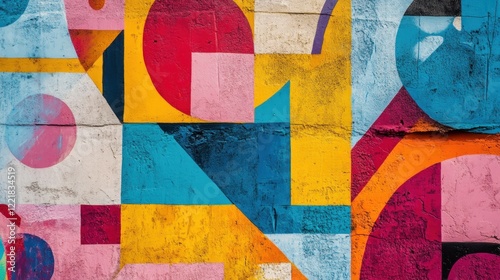 Obraz na płótnie Vibrant geometric abstract mural painted on a textured concrete wall. w salonie