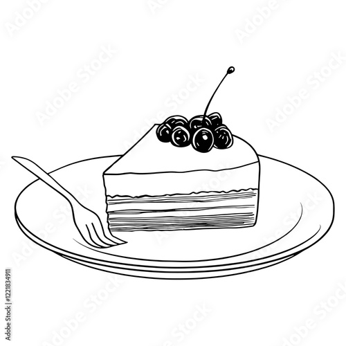 Slice of cake drawing white fork vector