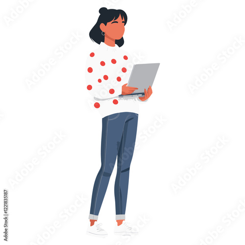 Teen woman holding laptop illustration female jeans vector