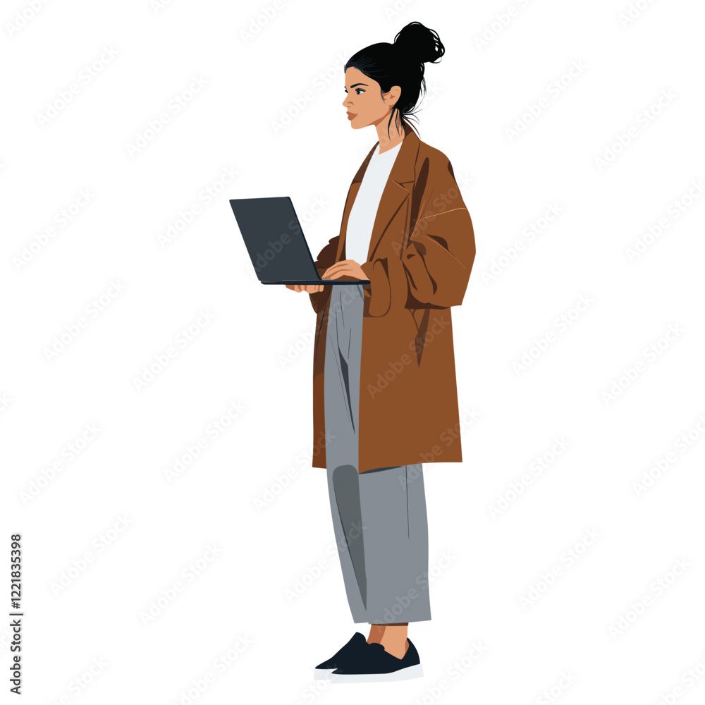 Slim woman with laptop illustration coat professional vector Slim woman with laptop illustration coat professional vector